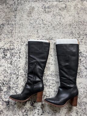 Crown Vintage Black Leather Knee-High Block Heel Boots with Brown Stacked Heel